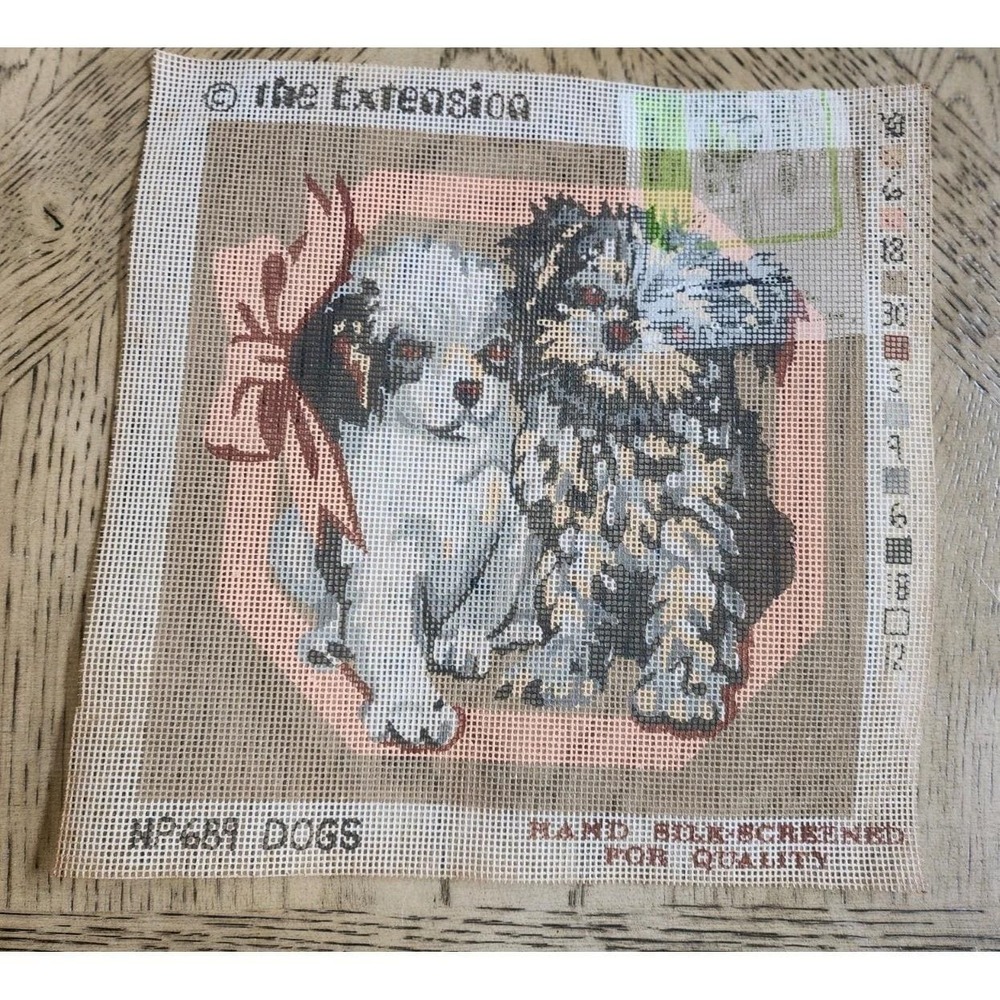 Needlepoint Canvas Hand Silk Screened Dogs Vintage Needlepoint #689 Puppies
